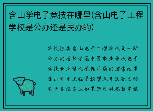 含山学电子竞技在哪里(含山电子工程学校是公办还是民办的)